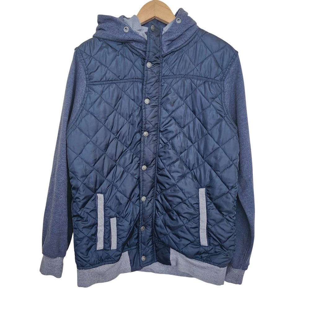 Triple Five Soul Quilted Puffer Jacket Mens Navy Blue Mixed Media Hooded Coat